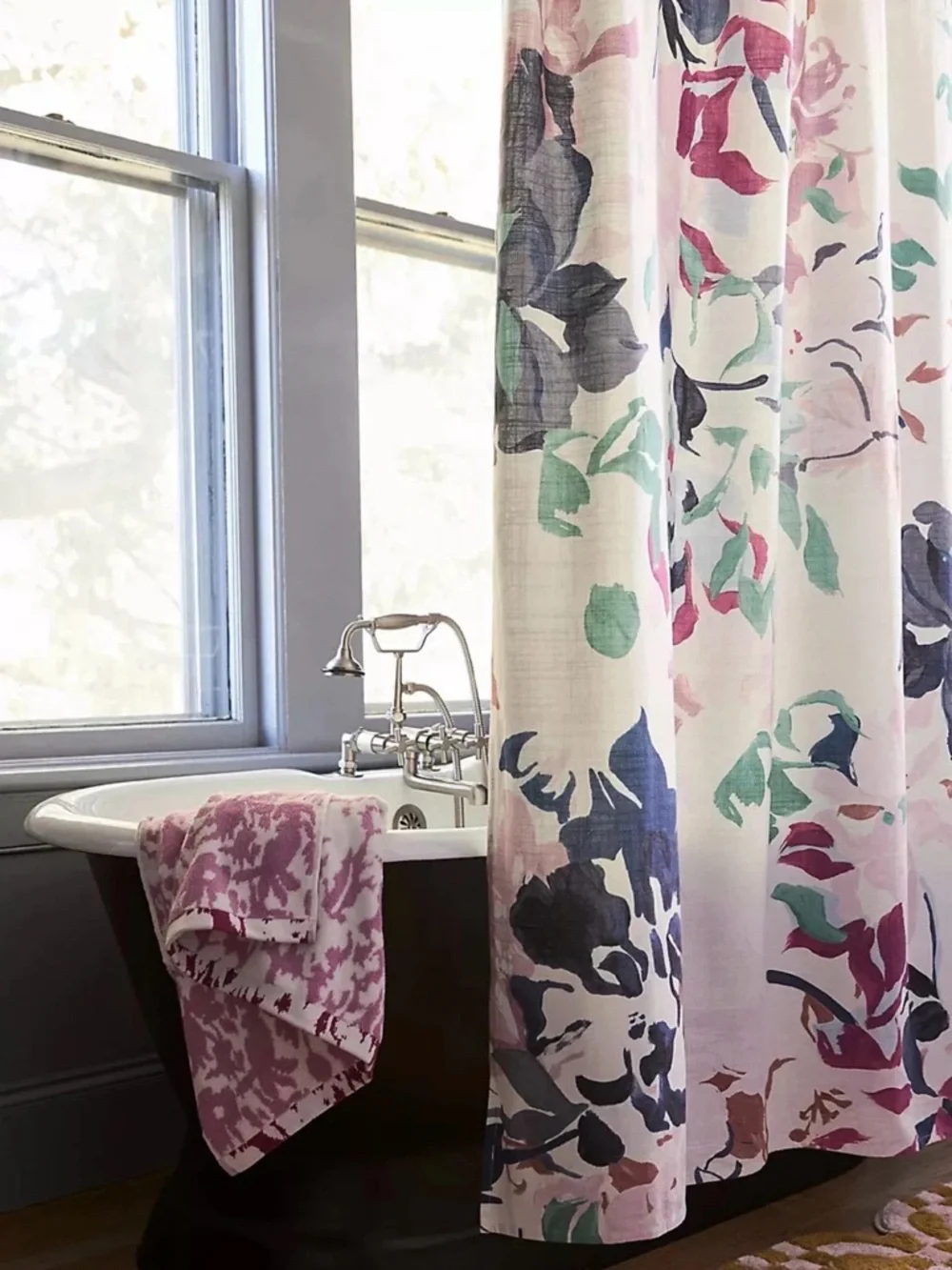 Anthropologie Floral Watercolor Shower Curtain - Pink, Green, Navy, Cream - Picture 2 of 5